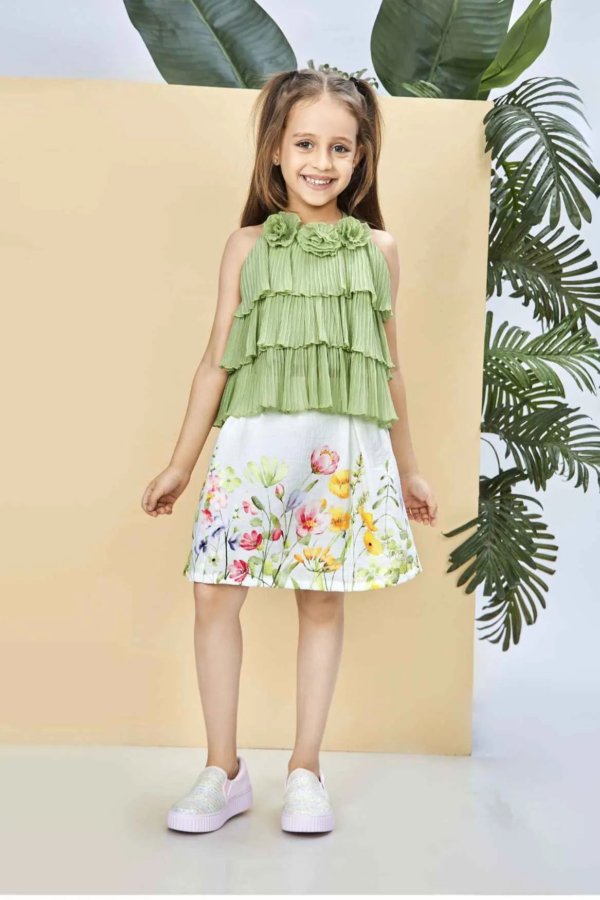 Green Tiered Top with White Floral Print Skirt Co-ord Set For Girls