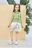 Green Tiered Top with White Floral Print Skirt Co-ord Set For Girls