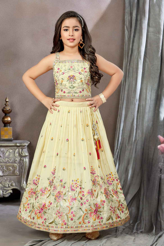 Cream Sequins Work With Bead Work Lehenga Choli With Sling Bag For Girls