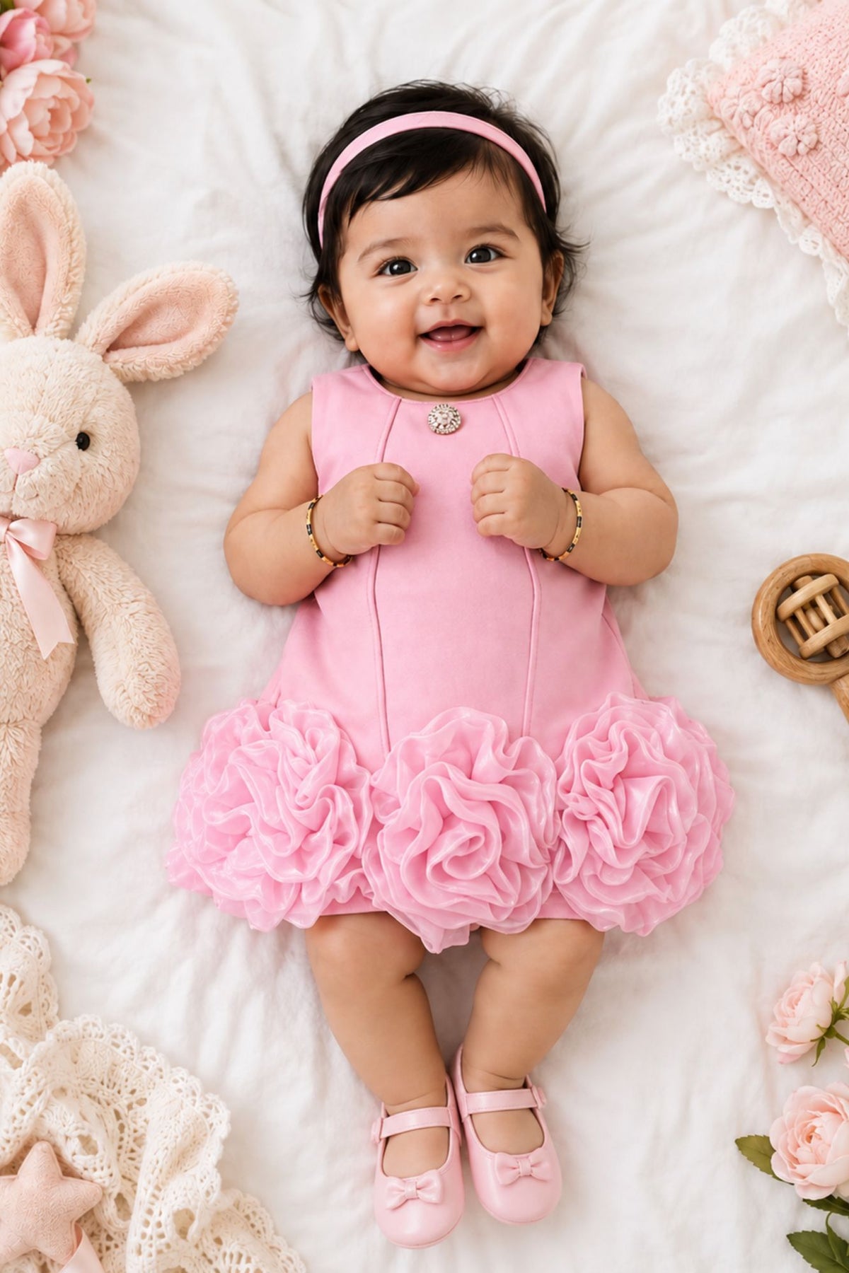 Baby Pink Rosette Hem Party Wear Frock