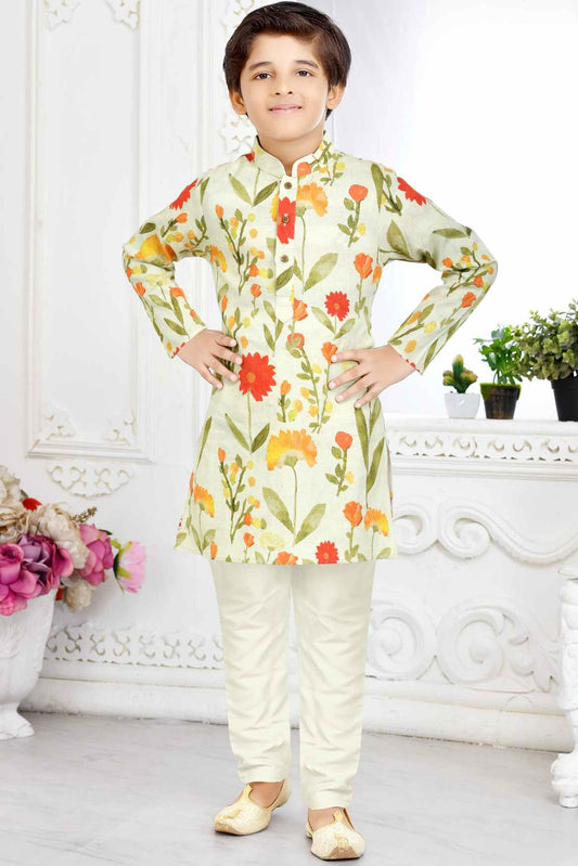 Cream Floral Printed Kurta Set For Boys