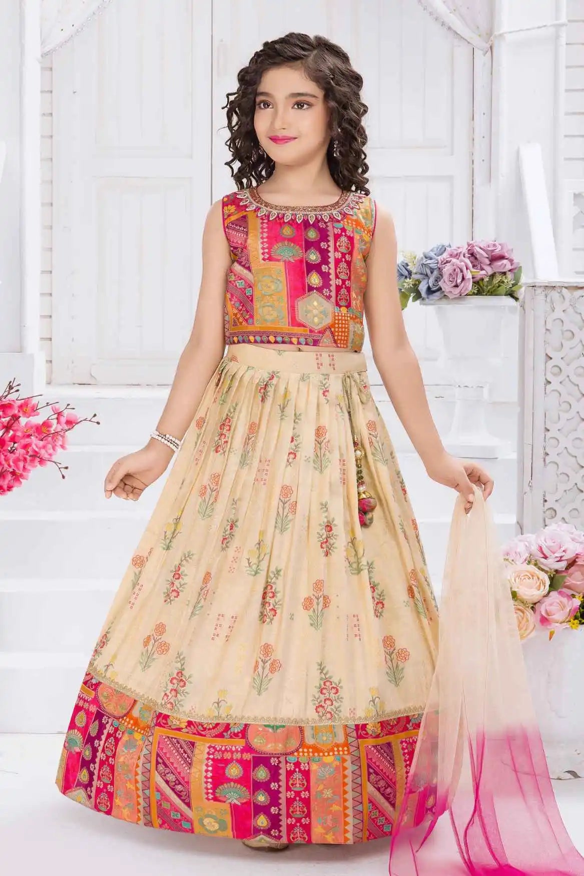 Multicolor Banarasi Silk Pattu Pavadai With Stone Work For Girls