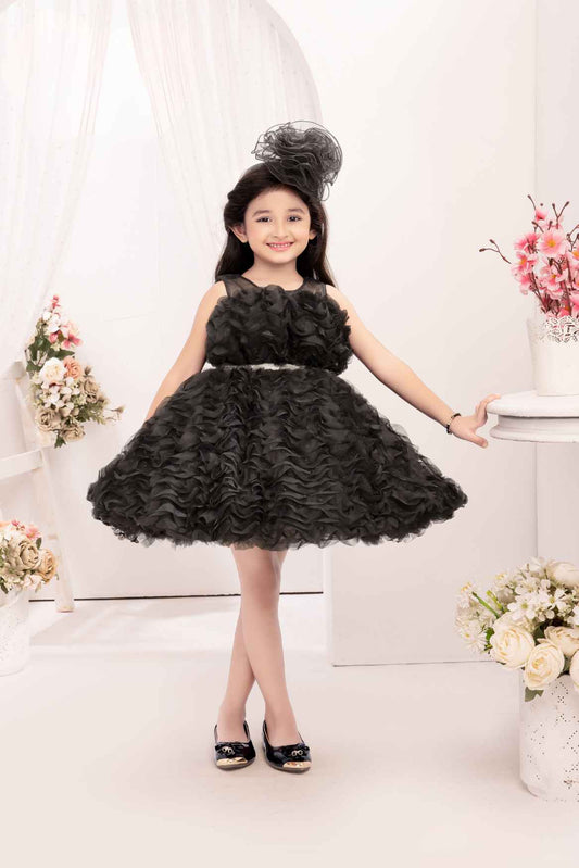 Black Frock With Ruffled Embellished For Girls