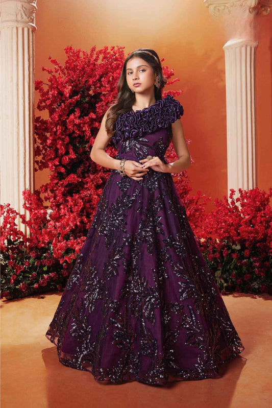 Elegant Plum Sequin Embroidery Partywear Gown For Girls