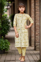 Mustard Printed And Stone Work Kurta With Pant Set For Girls