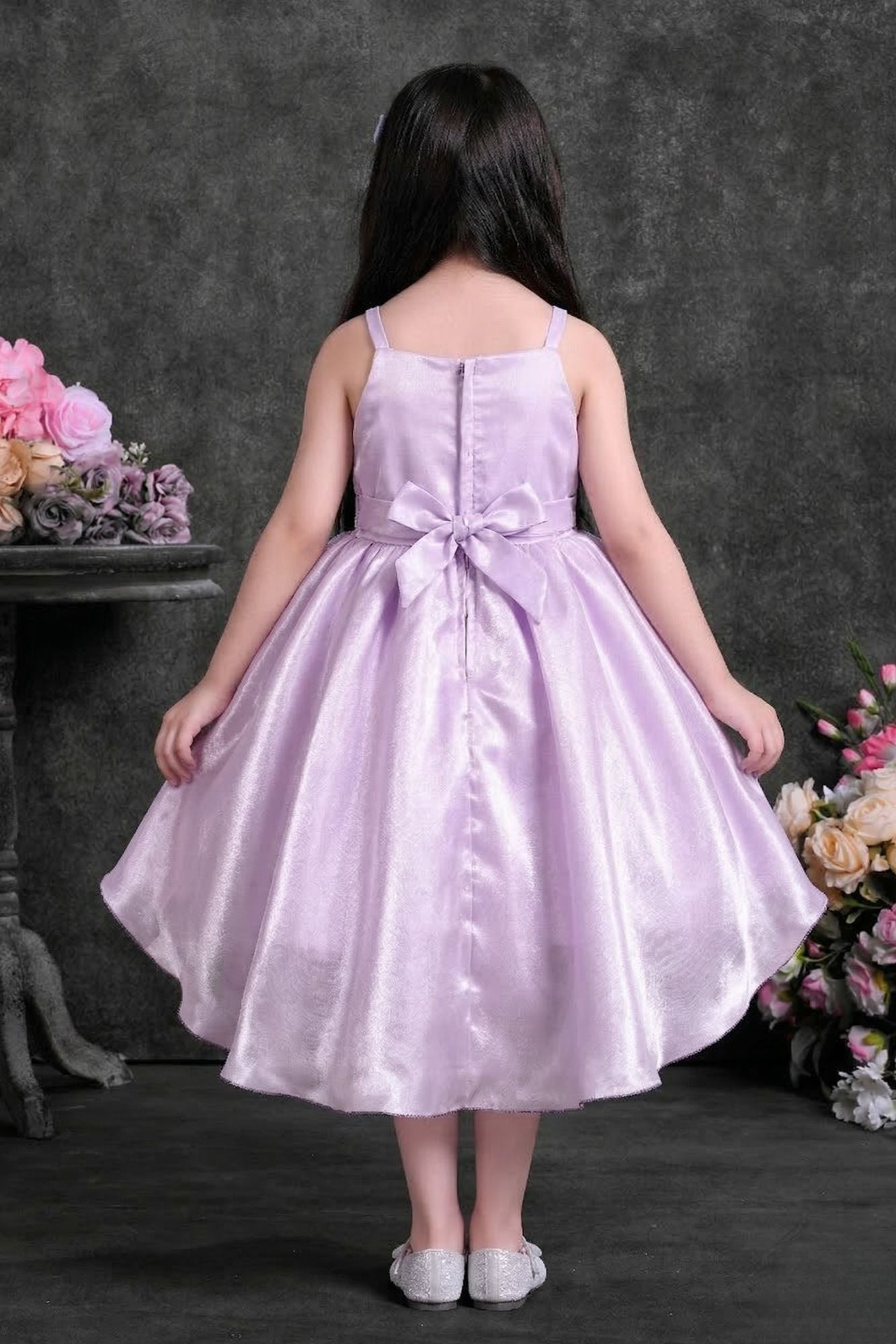 Lavender High-Low Party Wear Frock with Sequin Bow For Girls