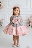 Peach And Grey Rosette Party Frock For Girls