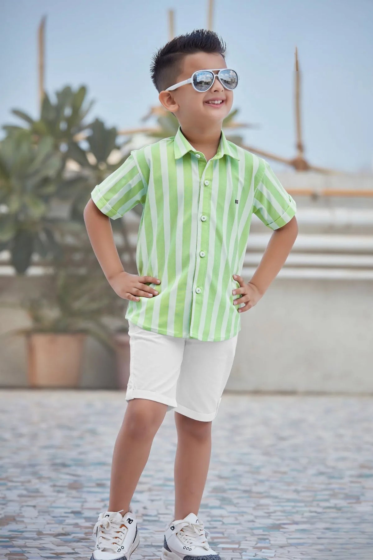 Green Striped Shirt With White Shorts Set For Boys