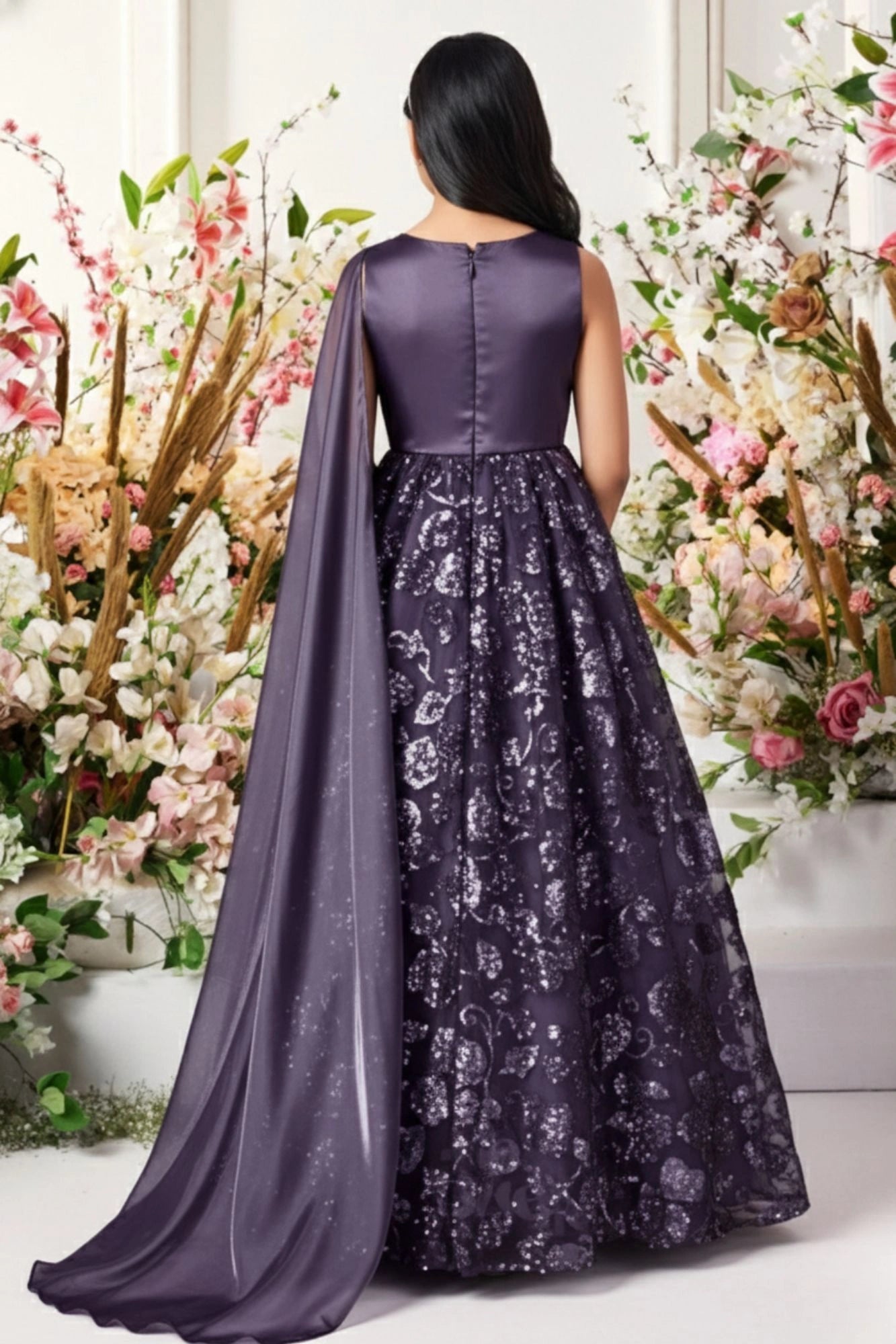 Purple Sequin Party Gown with One-Shoulder Cape & Floral Appliqué For Girls