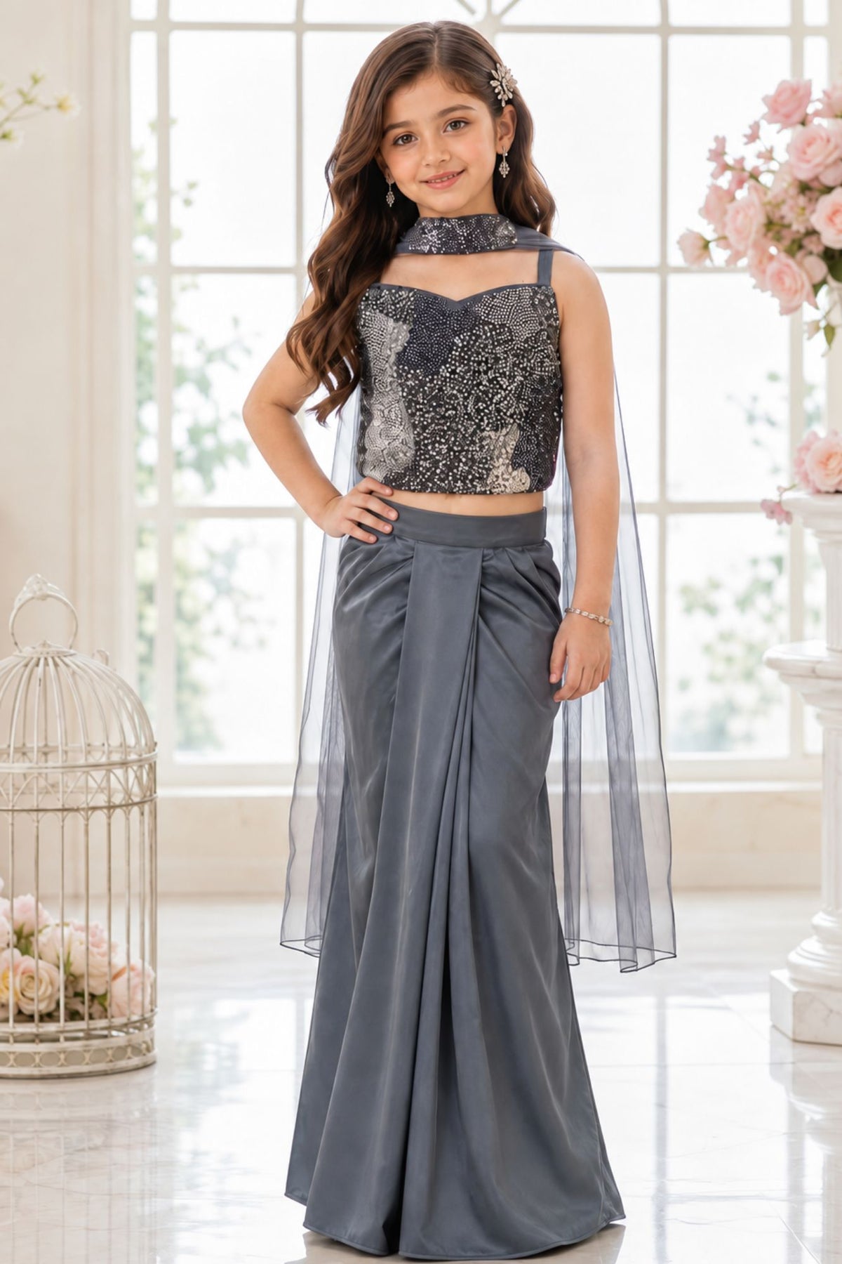 Grey Sequin Embellished Lehenga Set For Girls