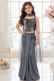 Grey Sequin Embellished Lehenga Set For Girls