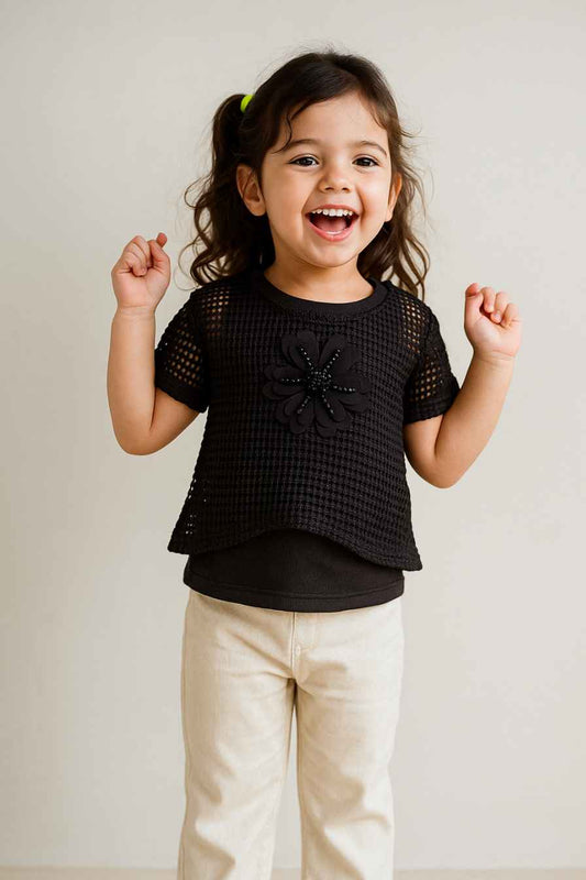 Black Layered Mesh Flower Top for Girls