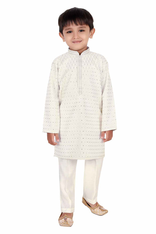 Cream Sequin Kurta And White Bottom Set For Boys