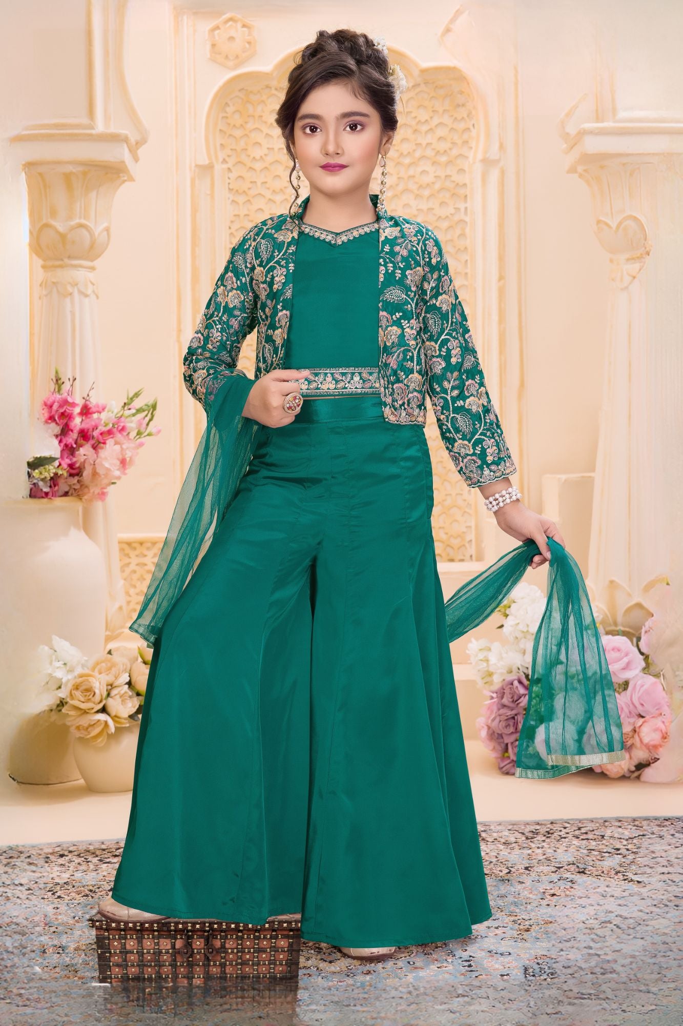 Teal Green Embroidered 3-Piece Palazzo Set for Girls