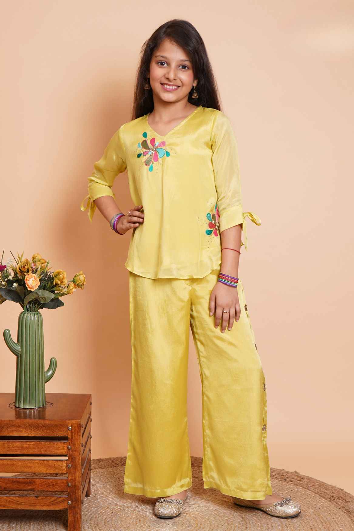 Yellow Floral Embroidered Palazzo Set For Girls