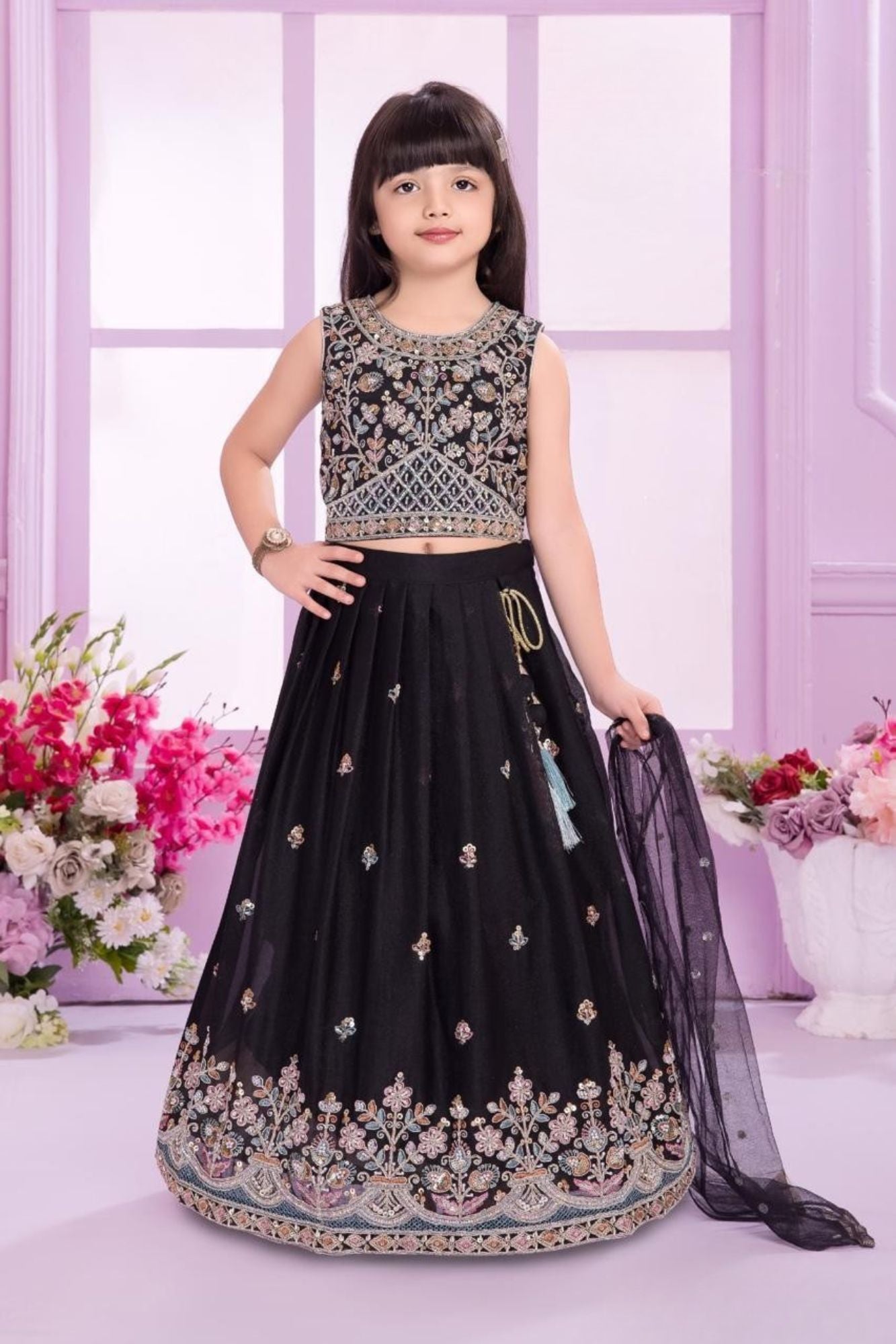 Elegant Black Embroidered Lehenga Choli with Dupatta For Girls