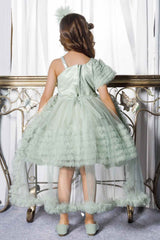 Green Sequins Work With Bow Embellished Party Wear Tailback Frock For Girls