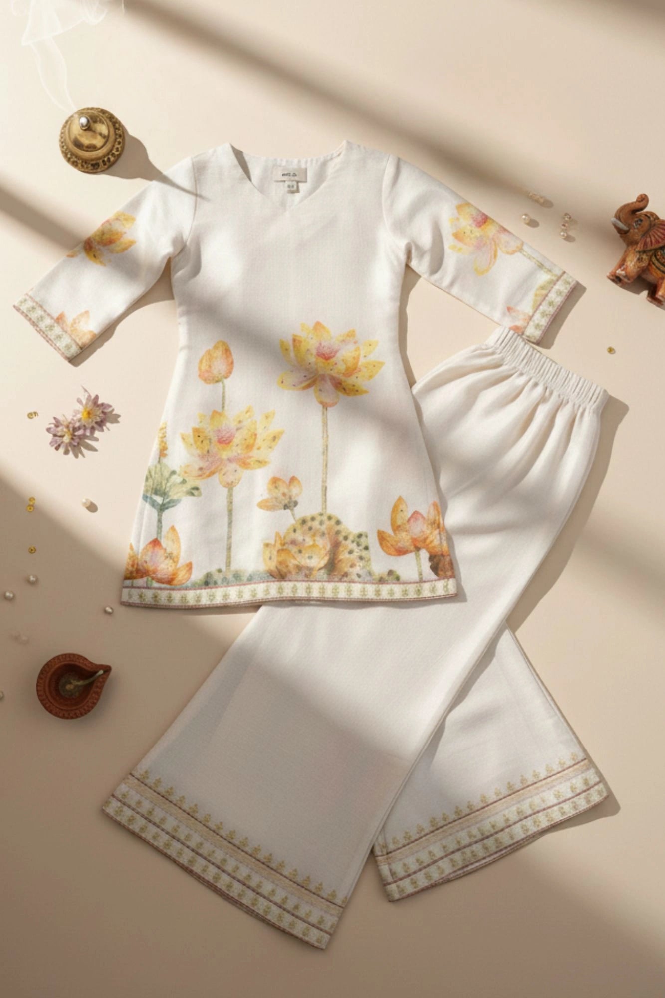 Beige Floral Printed and Sequins Work Palazzo Set For Girls