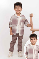 Onion Pink Checked Shirt And Pant Set With White T Shirt For Boys