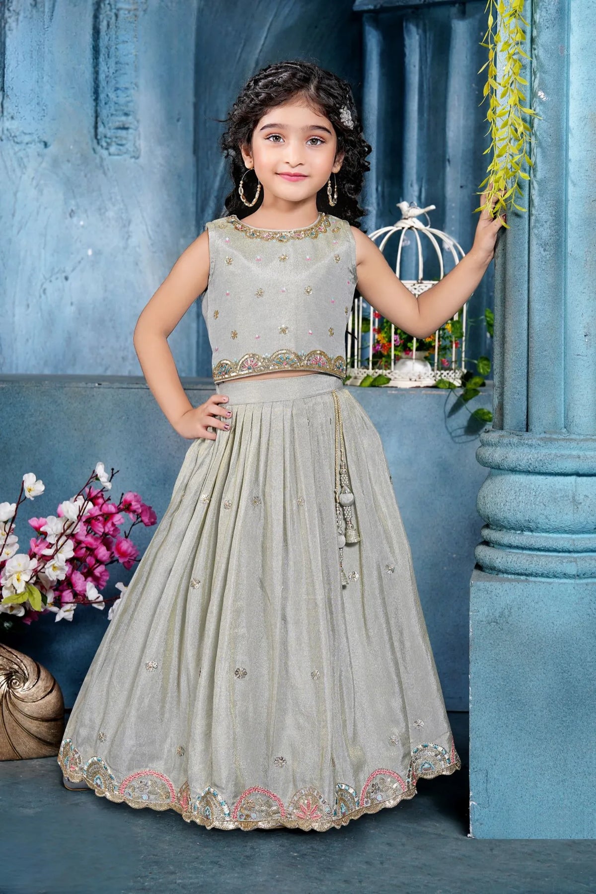 Silver Grey Embroidered Lehenga Choli For Girls