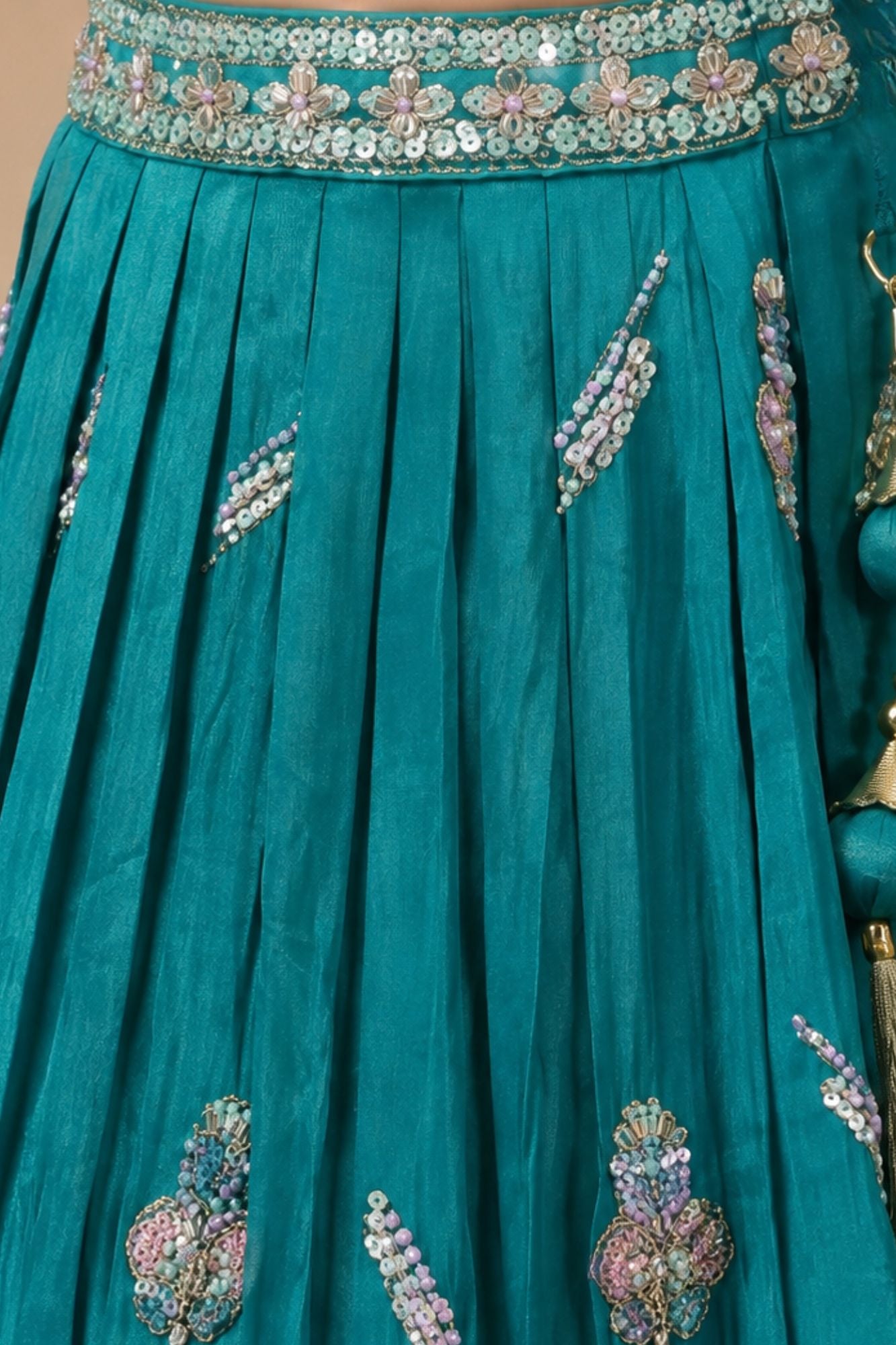 Girls Rama Green Embroidered Lehenga Choli Set with Dupatta