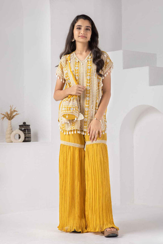 Mustard Embroidered And Mirror Work Top With Sharara Set For Girls