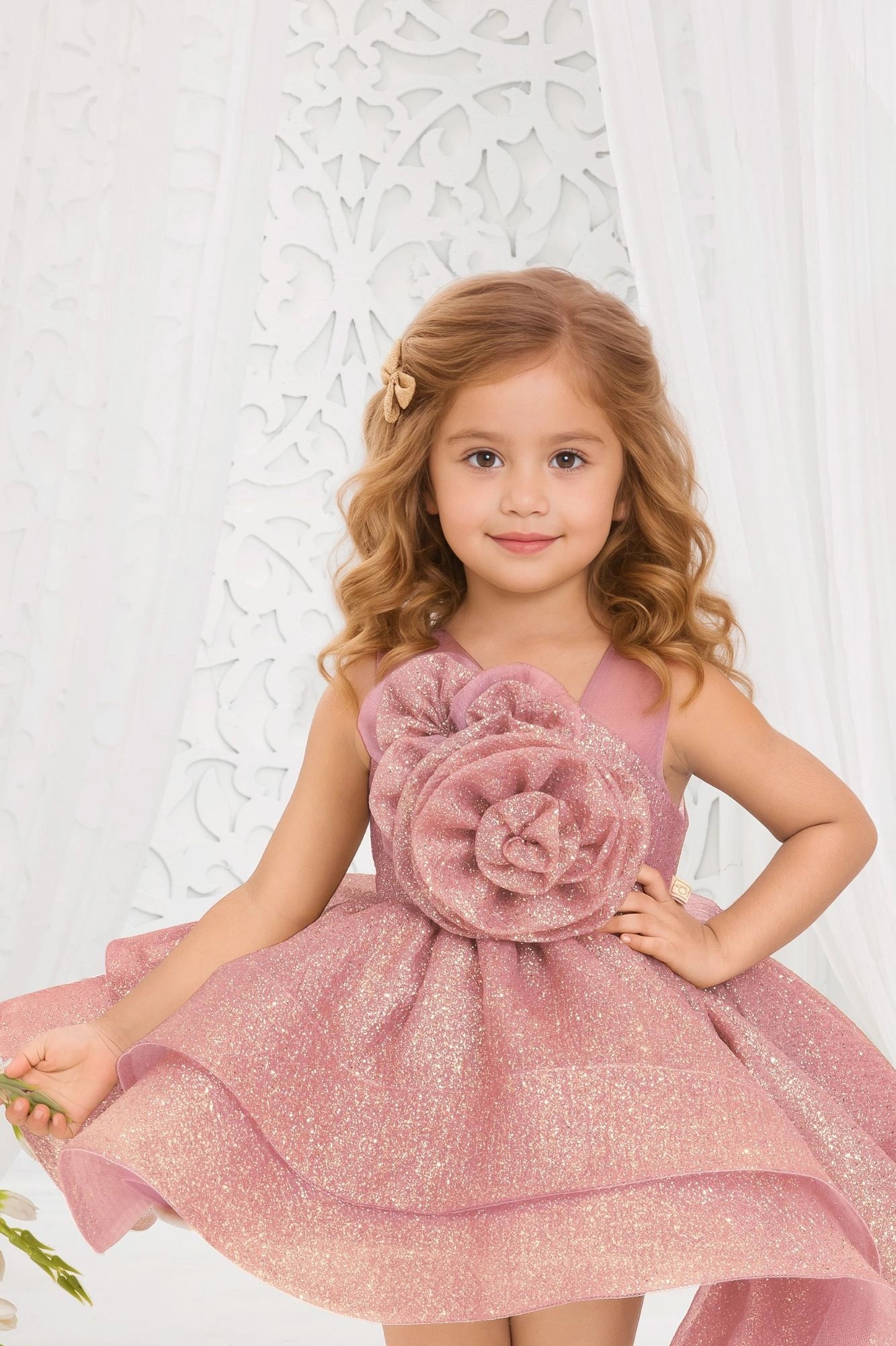 Shimmer Rose Gold High-Low Party Frock with Oversized Rosette For Girls