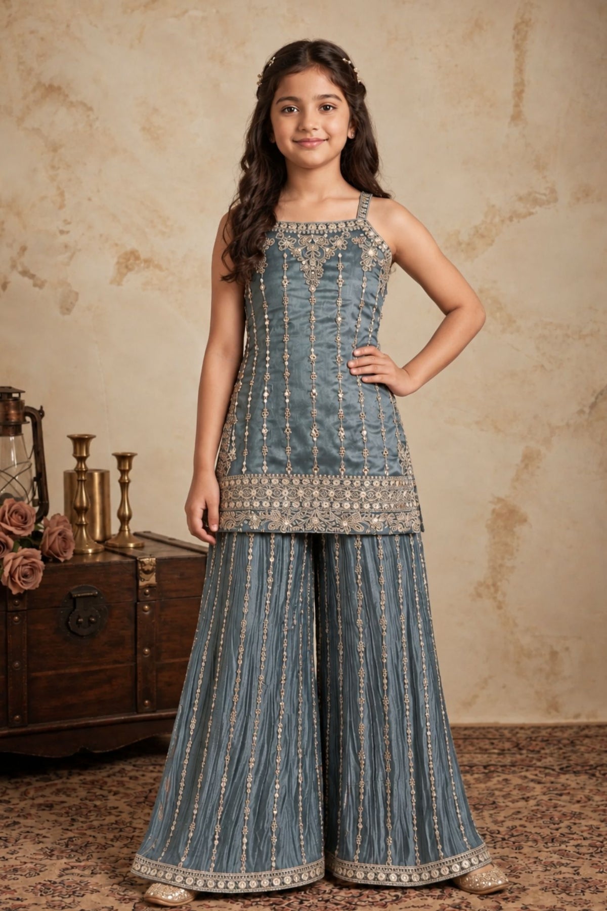 Blue Designer Embroidered Palazzo Set For Girls