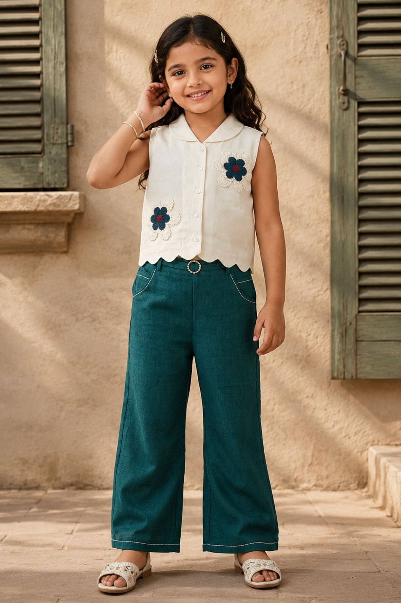 Girls Off-White And Dark Green Floral Embroidered Co-Ord Set with Wide Leg Pants