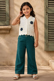 Girls Off-White And Dark Green Floral Embroidered Co-Ord Set with Wide Leg Pants