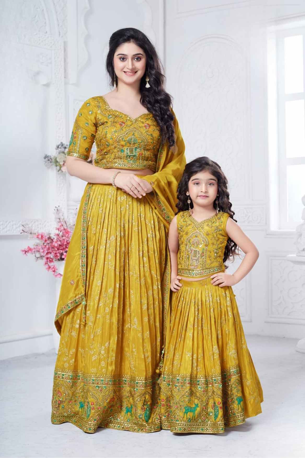 طقم ليهنغا تشولي مطرز بخرز الخردل للبنات