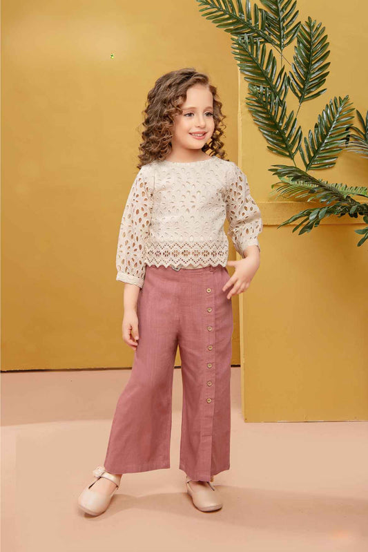 Cream Hakoba Crop Top And Onion Pink Pant Set For Girls