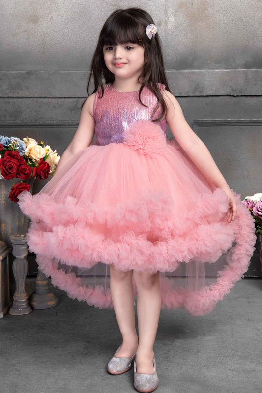 Peach Sequin Partywear Net Tailback Frock For Girls