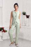 Tailored Pastel Green Pant Set with Crystal Brooch Accents For Girls