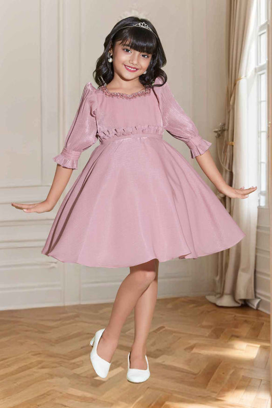 Onion Pink Sequin Frock With Puffed Sleeves For Girls