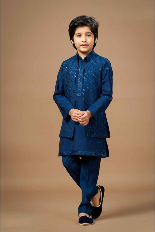 Teal Blue Sherwani Set With Sequin Embroidery For Boys