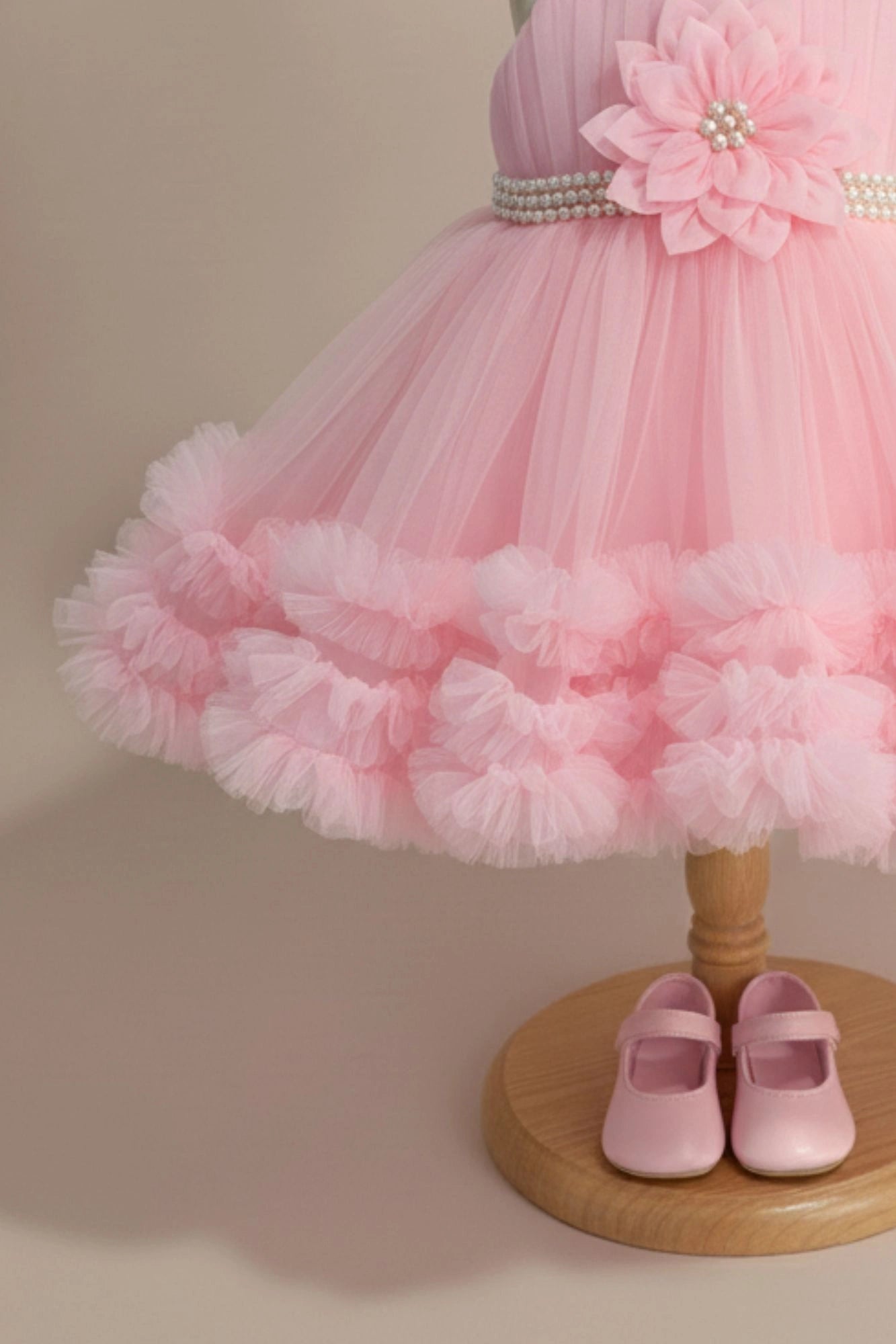 Baby Pink Net Party Wear Frock with 3D Flower & Ruffle Hem For Girls