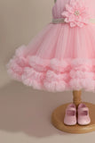 Baby Pink Net Party Wear Frock with 3D Flower & Ruffle Hem For Girls