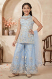 Powder Blue Sleeveless Embroidered Palazzo Set For Girls