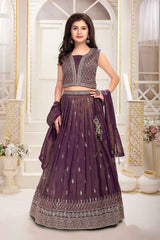 Wine Sequin and Embroidery Lehenga Choli Set For Girls