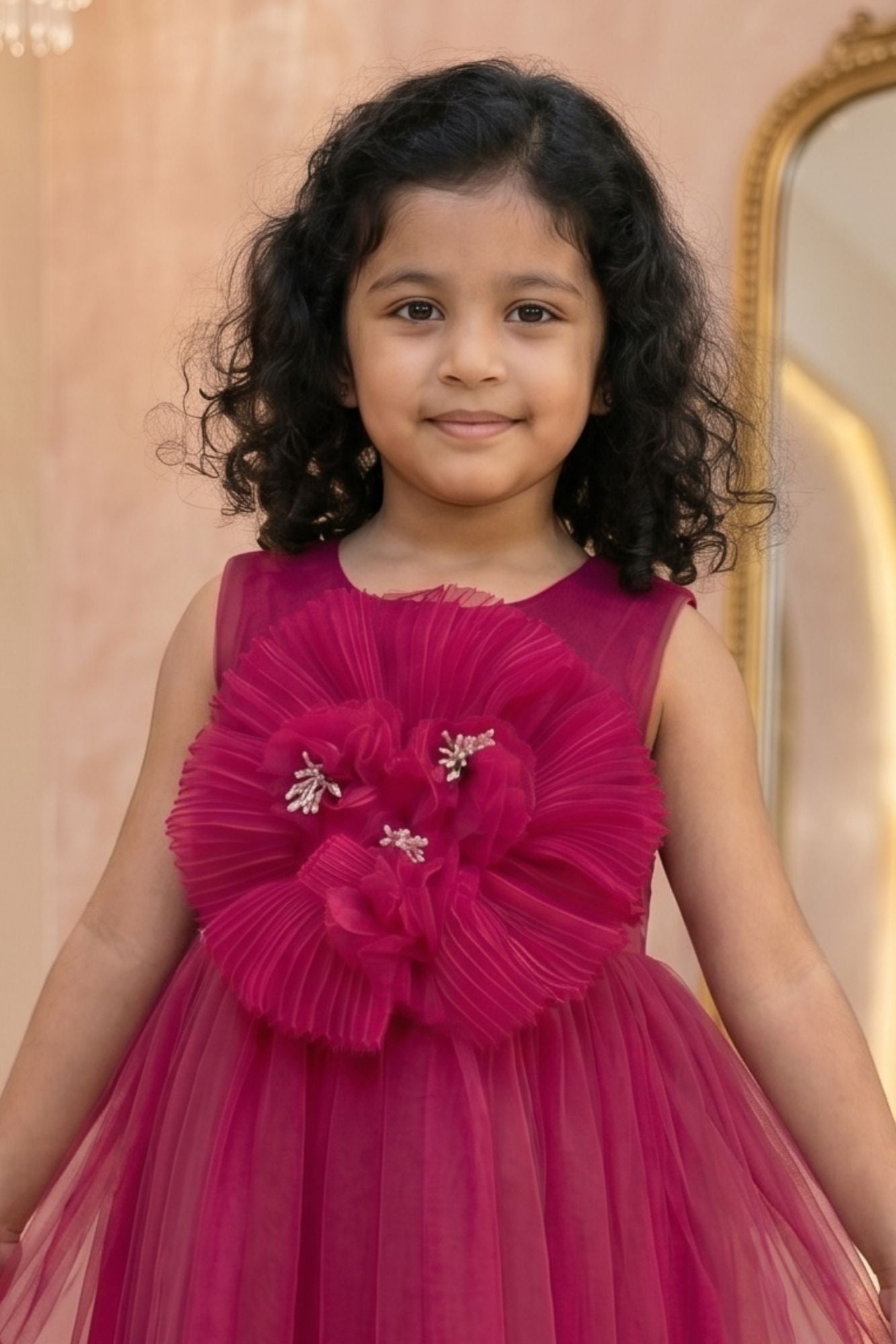Rani Pink Party Frock with Oversized Floral Appliqué For Girls