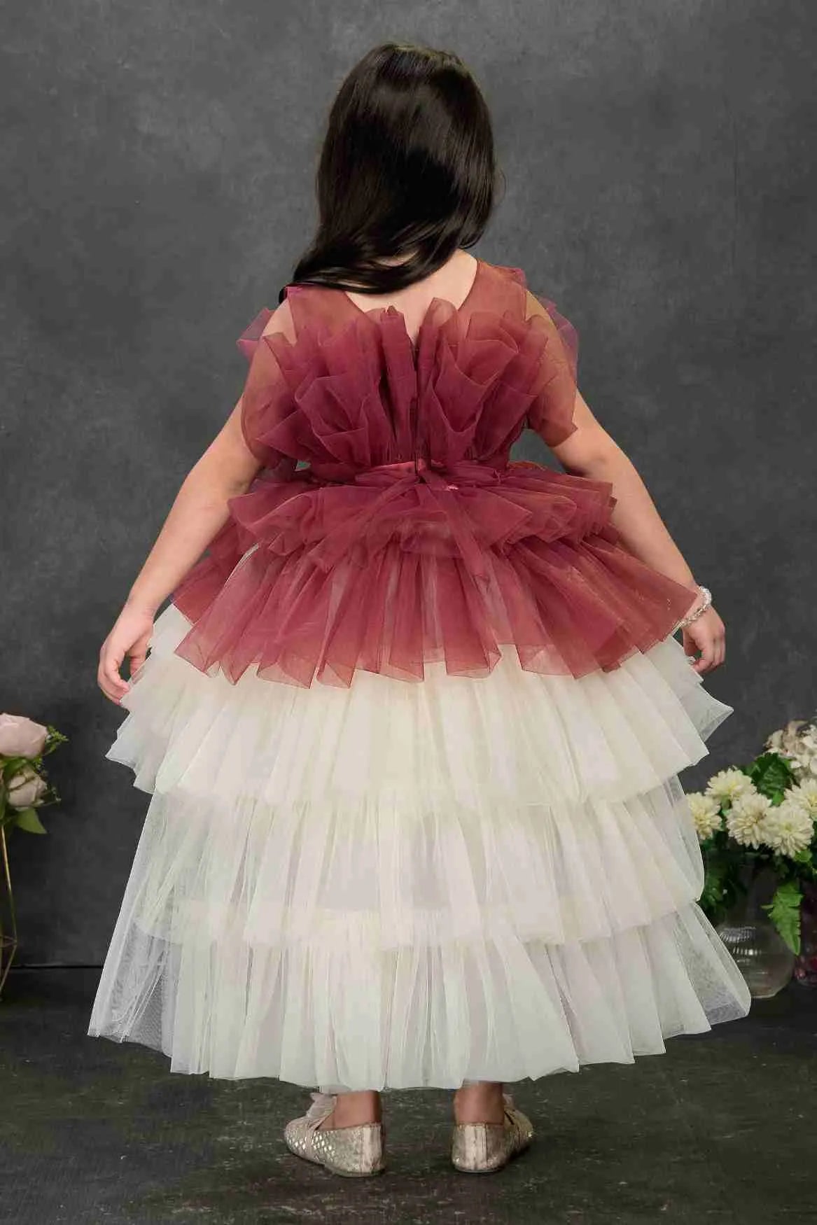 Maroon and Ivory Layered Tailback Party Dress For Girls