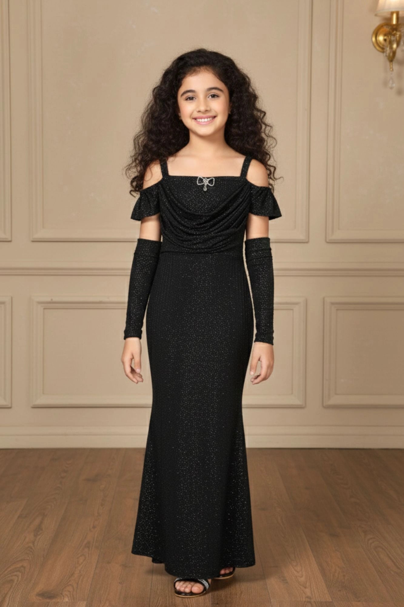 Black Glitter Cold-Shoulder Mermaid Gown with Matching Arm Sleeves For Girls