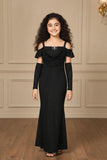 Black Glitter Cold-Shoulder Mermaid Gown with Matching Arm Sleeves For Girls