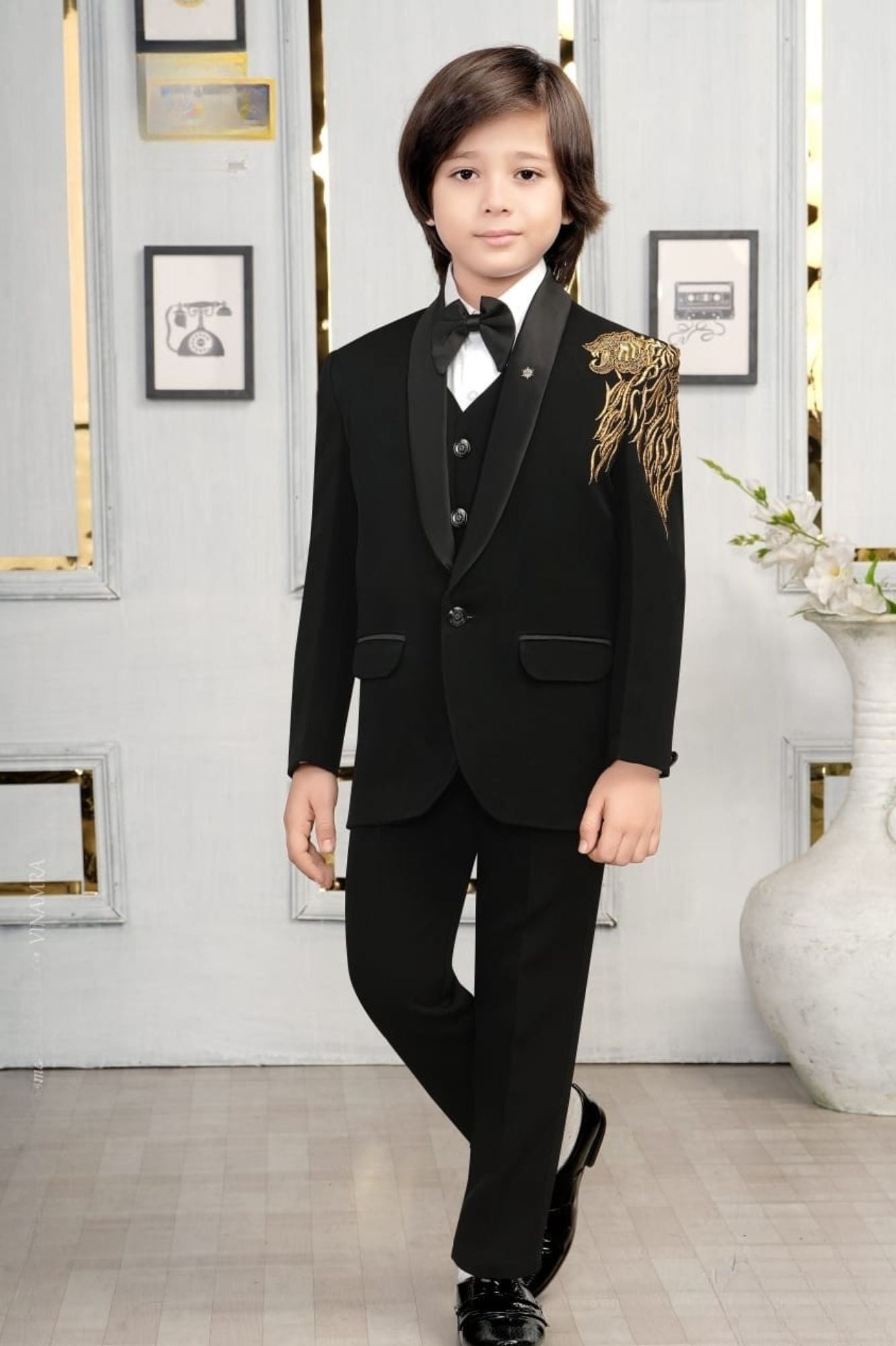 Designer Black Suit with Gold Thread Embroidery And Satin Lapel For Boys