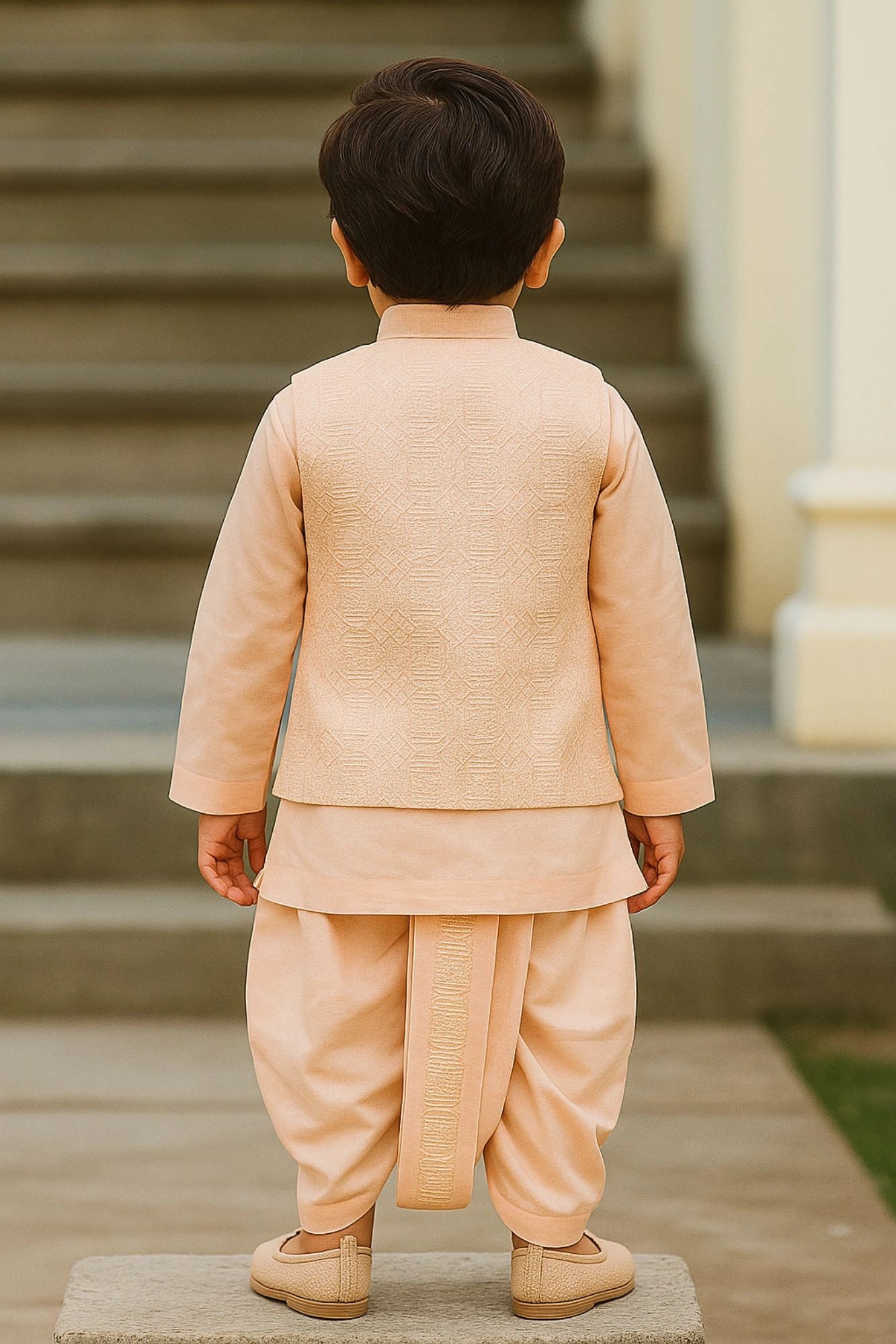 Peach Dhoti Kurta Set With Embroidered Nehru Jacket For Boys