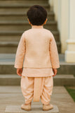 Peach Dhoti Kurta Set With Embroidered Nehru Jacket For Boys