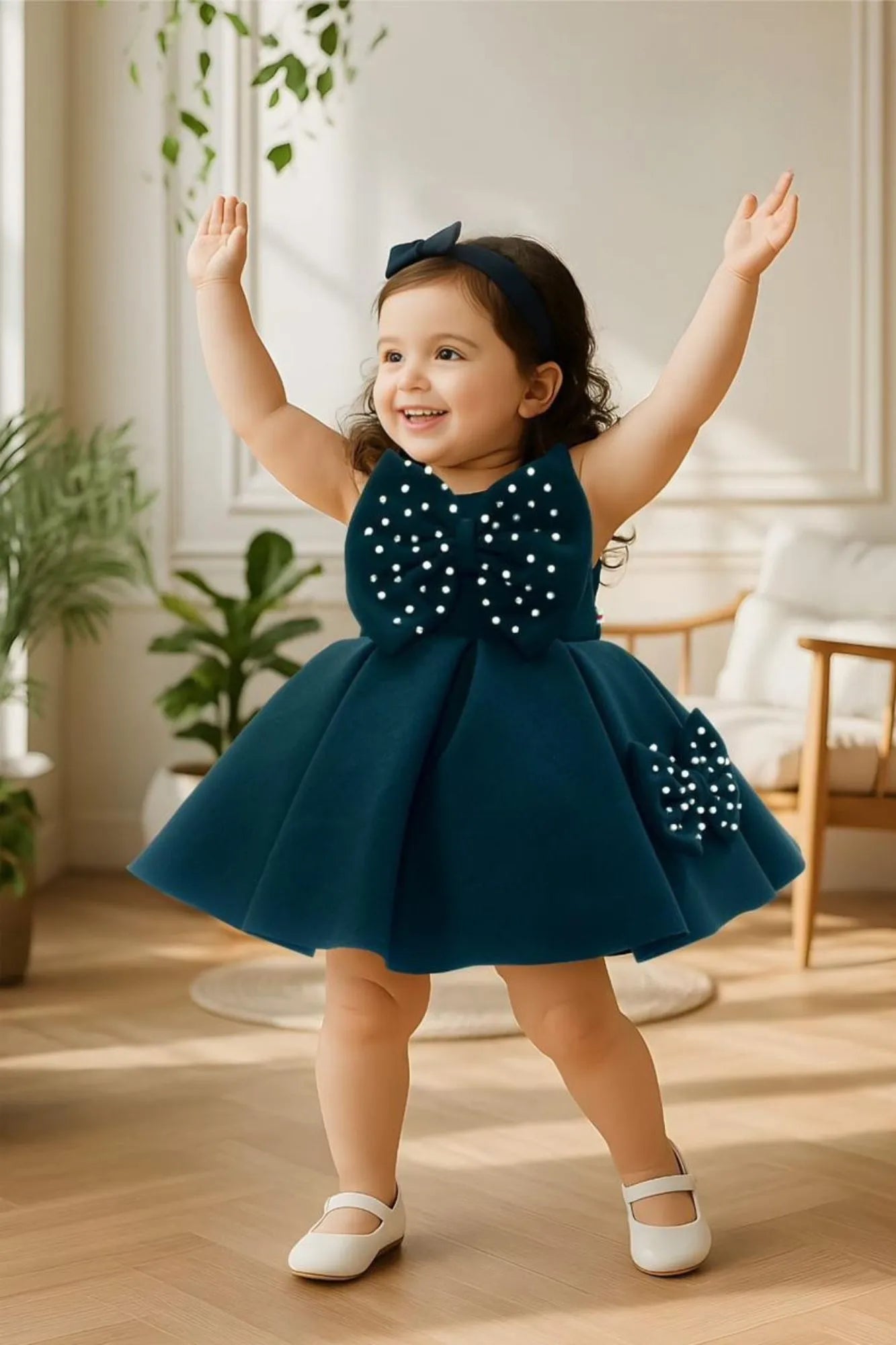 Bottle Green Party Frock With Pearl-Studded Bows For Girls