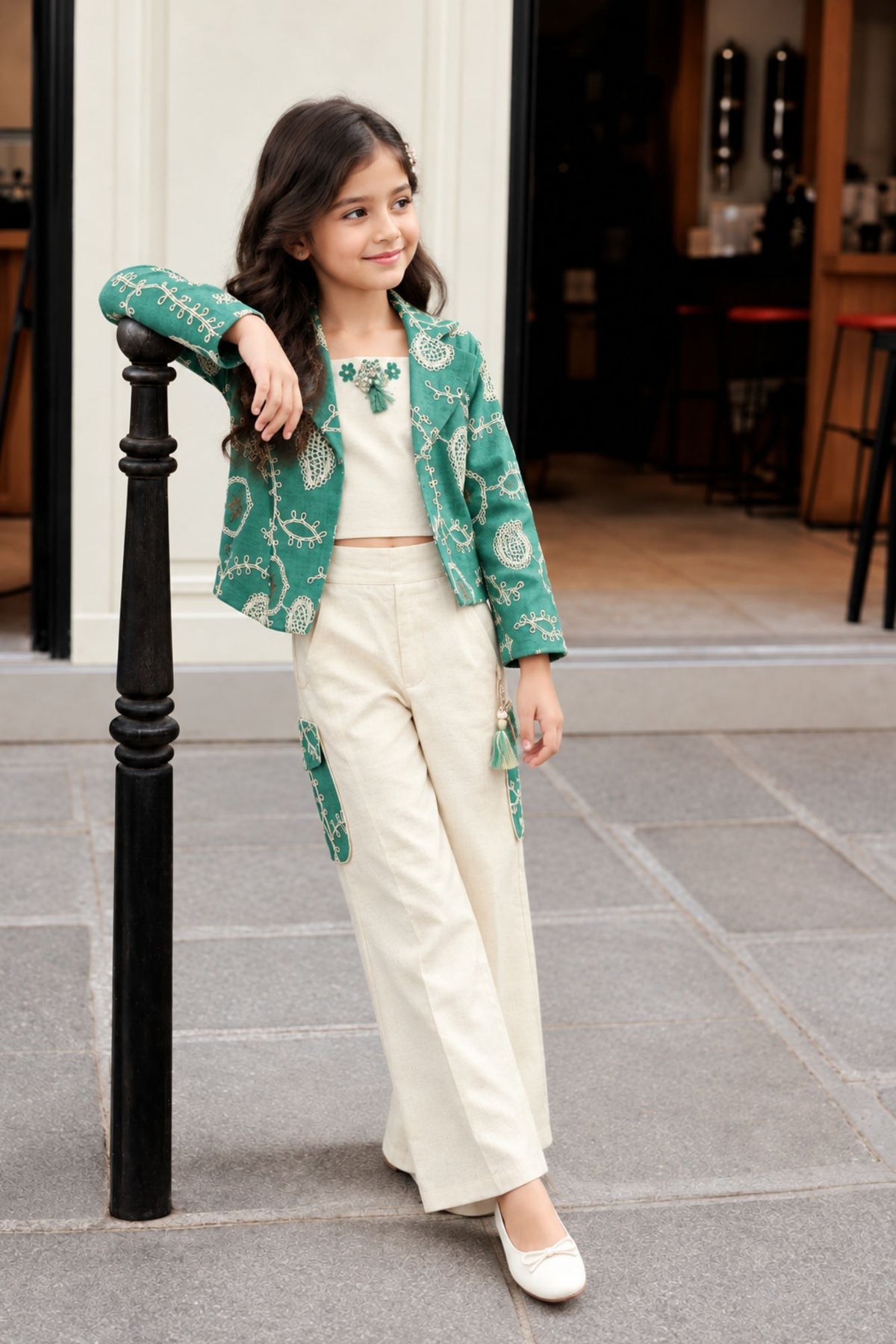 Sea Green Embroidered Jacket & Cream Co-Ord Set For Girls