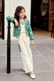 Sea Green Embroidered Jacket & Cream Co-Ord Set For Girls